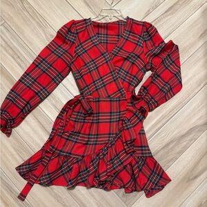Red Plaid Ruffle Hem Wrap-A-Round Dress